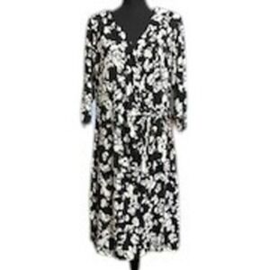 Cynthia Rowley Floral Print Dress 3/4 Sleeve Tie Waist Black White 1X